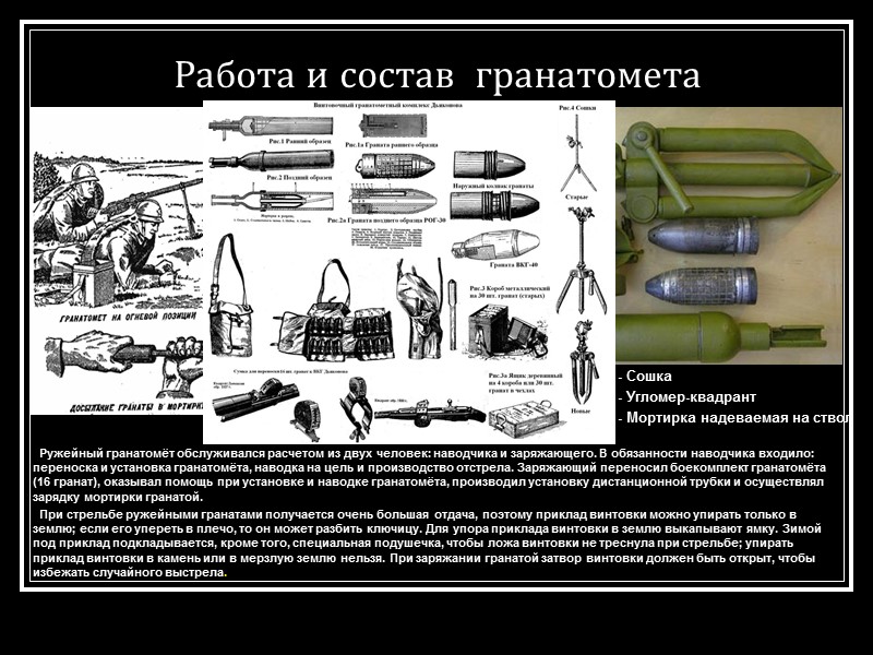 Работа и состав  гранатомета - Сошка  - Угломер-квадрант - Мортирка надеваемая на